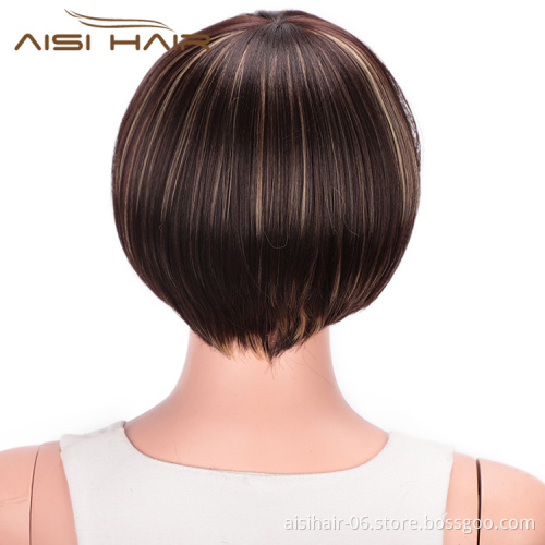 Aisi Hair Short Straight Bob Wigs Heat Resistant Synthetic Fiber Brown Blonde  Mixed Colors Short Bob Wigs with Neat Bangs